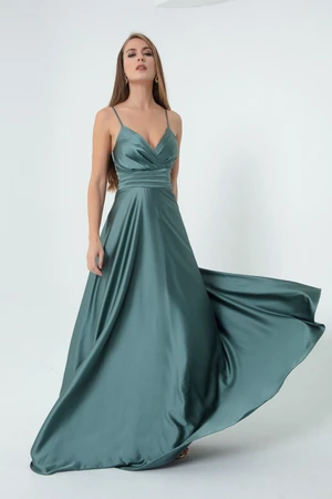 Lafaba Women's Satin Long Evening Dress with Turquoise Thread Straps and Waist Belt Graduation Dress