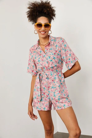 XHAN Women's Pink Floral Print Jumpsuit