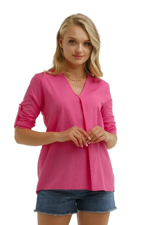 armonika Women's Fuchsia V-Neck Pleat Detailed Blouse with Epaulette Sleeves