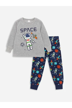 LC Waikiki Crew Neck Printed Long Sleeve Fleece Boys' Pajamas Set