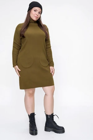 By Saygı Turtleneck Henna Green Acrylic Knitwear Tunic Dress With Pocket Pocket.