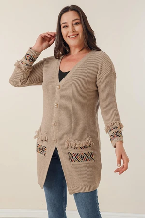 By Saygı Button-up Front, Tassels Patterned Plus Size Cardigan with Pockets And At The Ends Of The Sleeves.