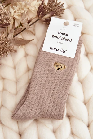 Women's thick socks with teddy bear, beige