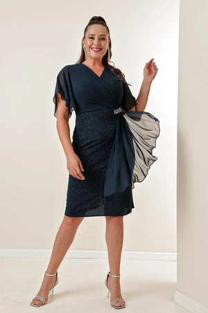 By Saygı Plus Size Silvery Short Dress with Chiffon Sleeves and Stones Lined