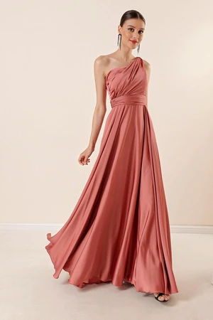 By Saygı One-Shoulder Draped Lined Wide-Shoulder Crepe Satin Long Dress