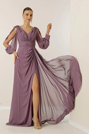 By Saygı V-Neck Long Evening Chiffon Dress with Draping and Lined Sleeves.