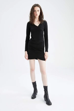 DEFACTO Bodycon Wrap Collar Mini Long Sleeve Dress