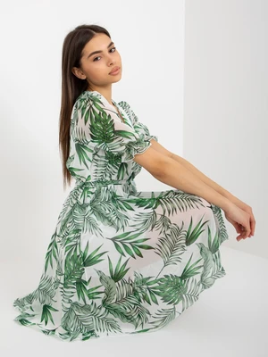 White and green dress with floral print and tie