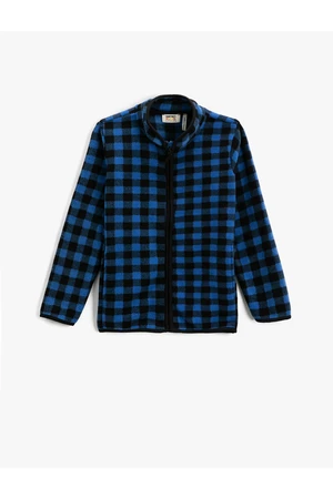 Koton Polar Cardigan Plaid Standing Neck Zipper Long Sleeve