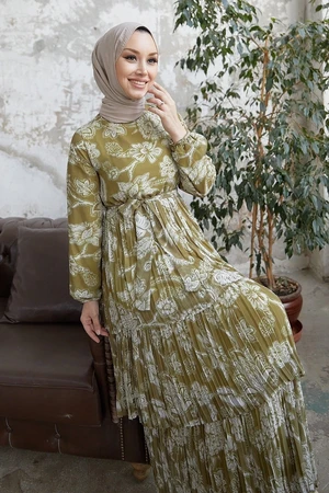 InStyle Layered Pleats Chiffon Hijab Dress - Oil Green for Mother