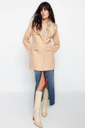 Trendyol Beige Premium Fur Collar Detailed Coat with Gold Buttons