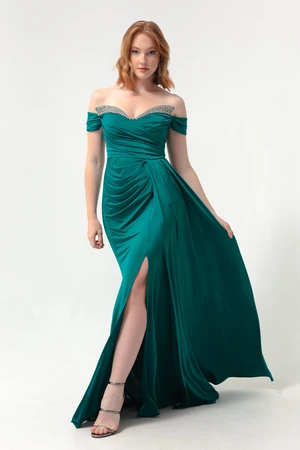 Lafaba Women's Emerald Green Long Evening Dress with Stones on the Collar and Tail.