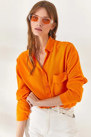 Olalook Women's Orange Single Pocket Woven Viscon Shirt