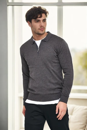 82155 Dewberry Polo Neck Half Zipper Slim Fit Mens Sweater-GREY