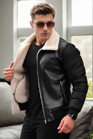 16456 Dewberry Faux Fur Inside Slim Fit Mens Winter Coat-BLACK-BEIGE