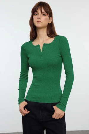 Trendyol Emerald Green Snap-Front Fitted/Fits-Your-Body Elastic Knitted Blouse