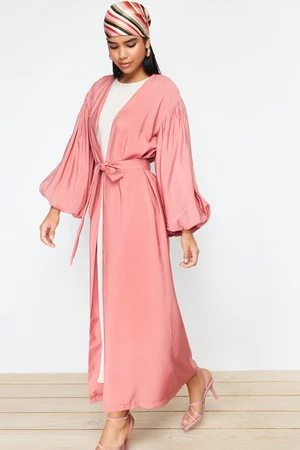 Trendyol Pale Pink Belted Long Woven Cap & Abaya & Abaya