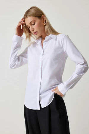 Happiness İstanbul Women's White Slim Fit Lycra Poplin Office Shirt