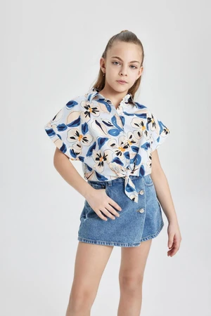 DEFACTO Girl's Crop Patterned Cotton Short Sleeve Shirt