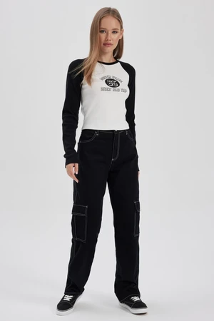 DEFACTO Cool Gabardine Trousers Straight Fit Cargo Pocket High Waist