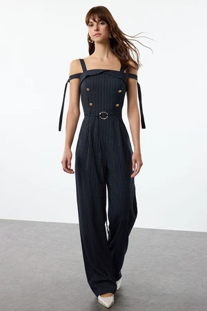 Trendyol Navy Blue Striped Belted Long Jumpsuit with Adjustable Sleeves