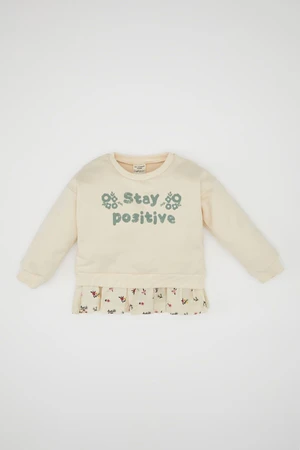 DEFACTO Baby Girl Crew Neck Printed Soft Furry Inside Hem Detailed Sweatshirt