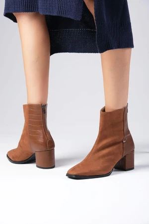 Mio Gusto Bianca Brown Suede and Crocodile Pattern Combination Blunt Toe Women's Short Heeled Boots