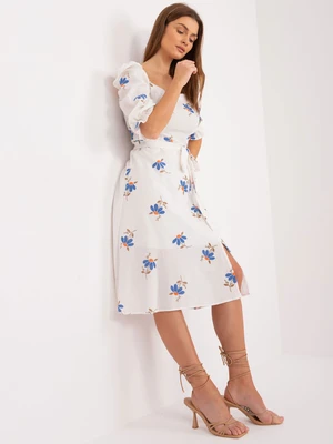 Ecru-Blue Floral Dress with Slit