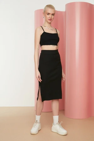 Trendyol Black With Double Slits, Fitted High Waist Ribbed Flexible Midi Knitted Skirt