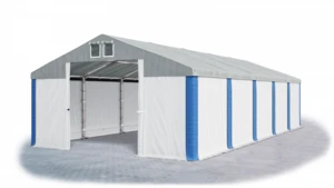 Garážový stan 8x8x4m střecha PVC 560g/m2 boky PVC 500g/m2 konstrukce ZIMA Šedá Bílá Modré