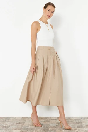 Trendyol Beige Pleated Detailed Front Buttoned Midi Length Woven Skirt