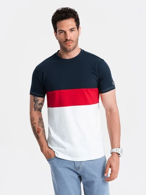 Ombre Men's tricolor T-shirt with wide stripes - navy