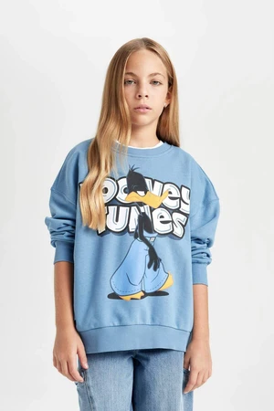 DEFACTO Girl Blue Looney Tunes Printed Oversize Fit Wide Pattern Crew Neck Sweatshirt