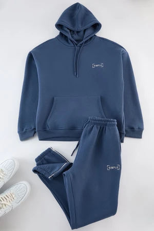 Trendyol Indigo Oversize/Wide Cut Elastic Leg Embroidered Piping Fleece Inside Tracksuit Set