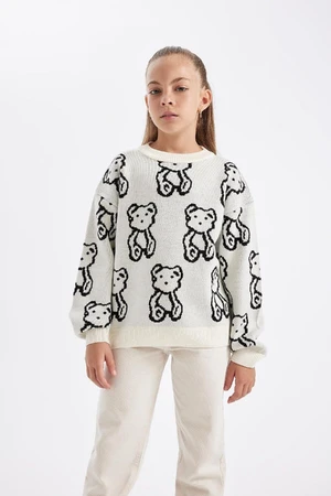 DEFACTO Girl Oversize Wide Pattern Crew Neck Teddy Bear Patterned Knitwear Sweater