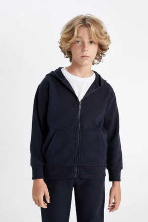 DEFACTO Boy Basic Plain Navy Blue Hooded Zippered School Cardigan