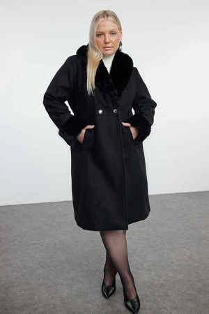 Trendyol Curve Black Regular Fit Fur Detailed Collar and Sleeve Wool Blend Cashmere Coat