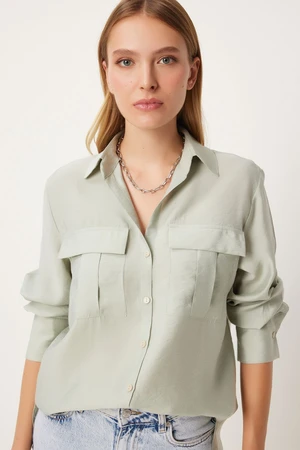 Happiness İstanbul Women's Light Almond Green Wide Pocket Tencel Shirt