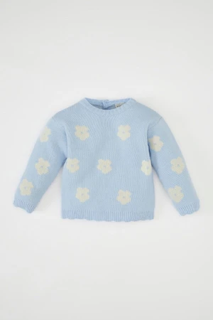 DEFACTO Baby Girl Blue Crew Neck Floral Knitwear Sweater