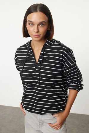 Trendyol Black Striped Thin Fabric Hooded Knitted Sweatshirt