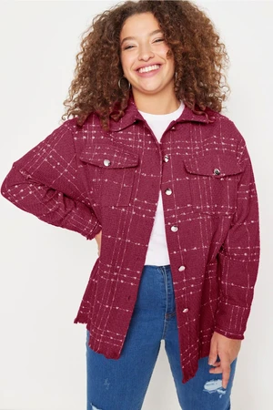 Trendyol Curve Burgundy Tweed Plaid/Checked Pocket Woven Plus Size Shirt