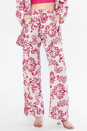 armonika Women's Fuchsia Ena Trousers with Elastic Waist and Pocket Detail Linen Look Wide Leg