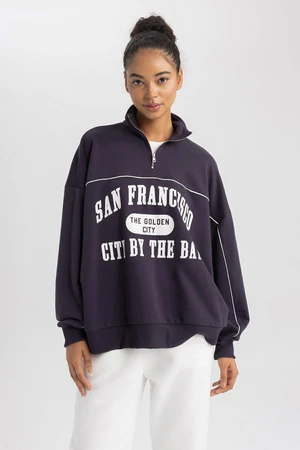 DEFACTO Fit Oversize Fit Printed Zipper High Neck Sweatshirt