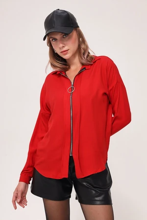 armonika Women's Red Front Zipper Loose Shirt