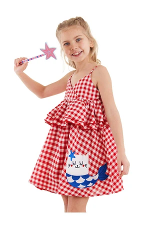 Denokids Cat Girl's Red Plaid Ruffle Strap Dress