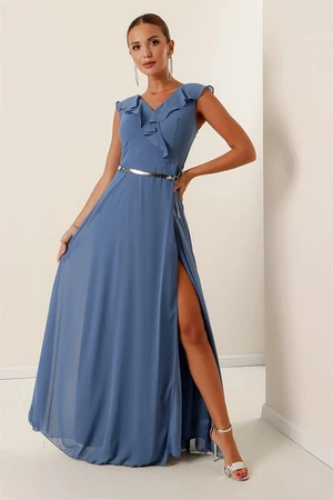 By Saygı Chiffon Slit Long Dress with Flounce Collar and Belt