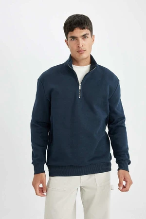 DEFACTO Navy Blue Comfort Regular Fit Casual Pattern Stand Collar Zippered Thick Basic Plain Sweatshirt