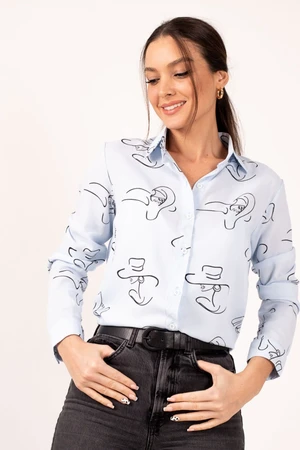 armonika Women's Ice Blue Patterned Long-Sleeve Shirt