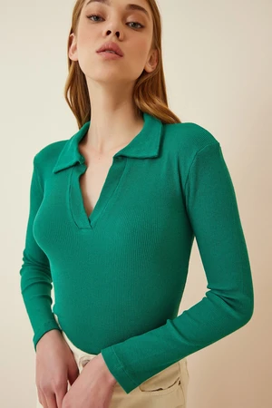 Happiness İstanbul Women's Vivid Green Polo Neck Corded Knitted Blouse