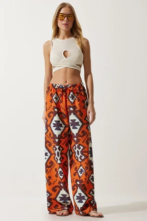 Happiness İstanbul Women's Orange Patterned Raw Linen Palazzo Trousers